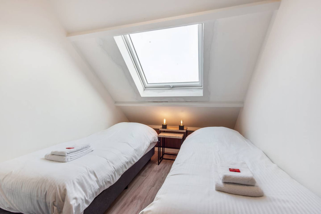 Twin bedroom under a skylight